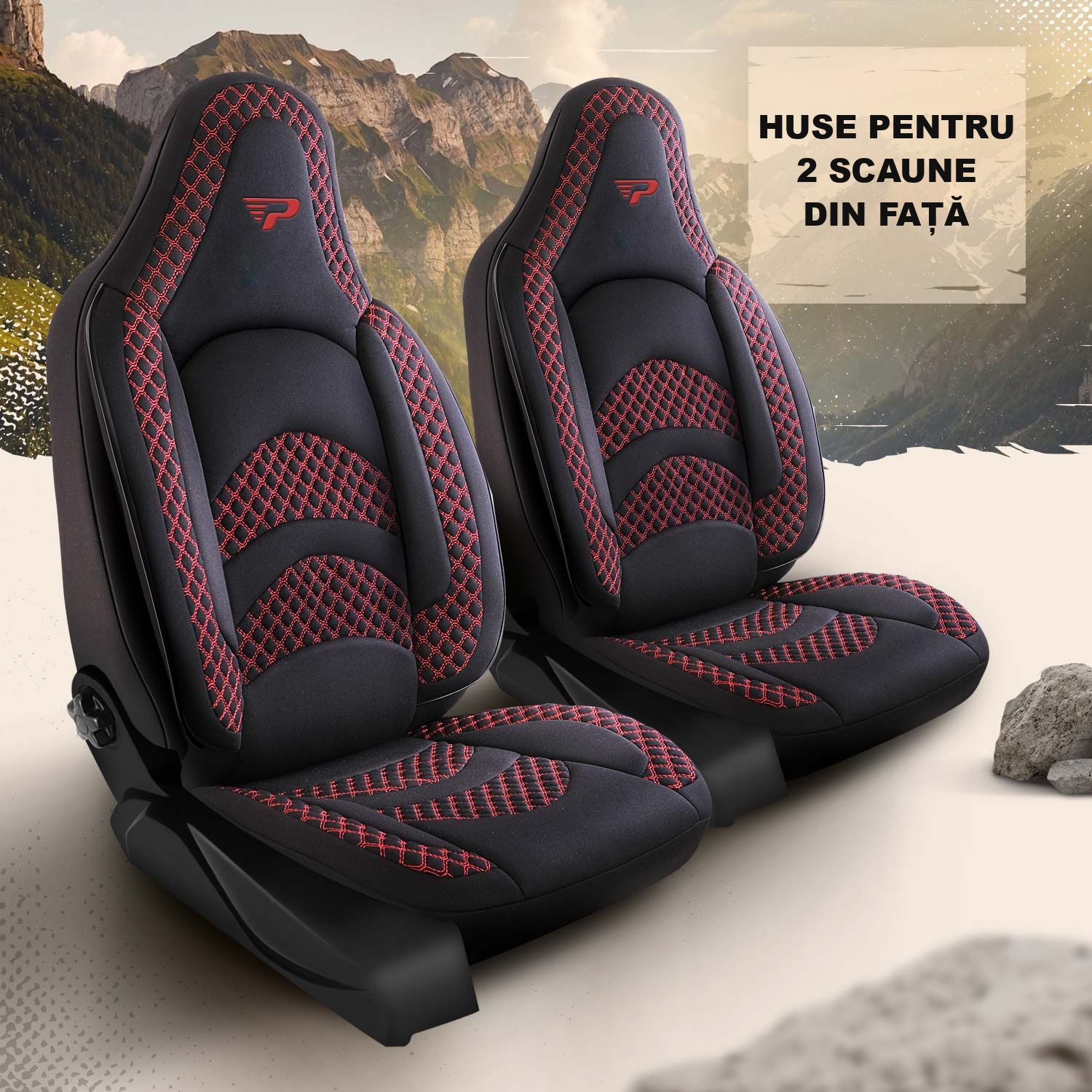 Huse scaune auto Limburg pentru 2 scaune față în variantă neagră cu cusături roșii